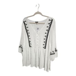 Torrid White Blouse with Black Embroidery
